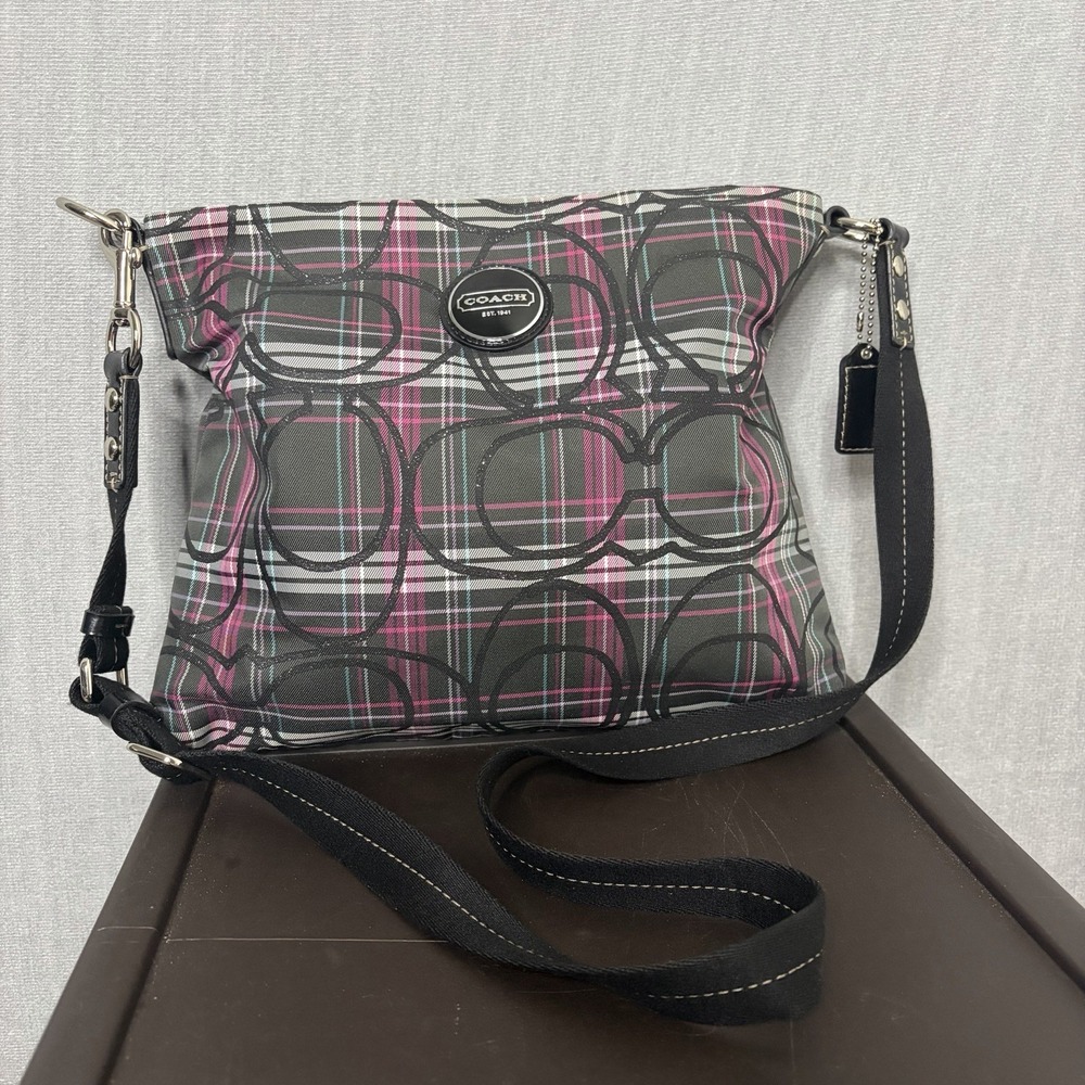 Coach Poppy Tartan Gray Pink Plaid Crossbody Bag Glitter Purse F17710 y2k